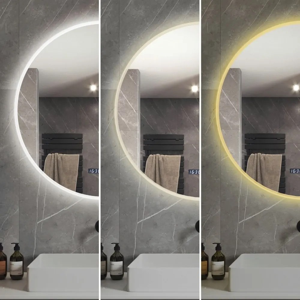 Oglindă Baie LED și Dezaburire, Ceas, Senzor Touch, Lumina Rece, Caldă și Neutră, 60 cm, Rama Acril