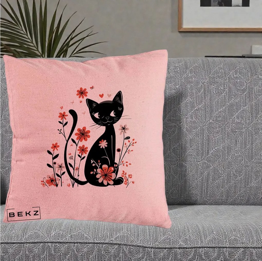 Perna Decorativa Pisica Neagra Flori Roz si Inimi, 40x40 cm, Roz, Husa Detasabila, Perna Inclusa, BEKZ®