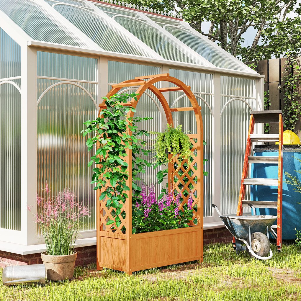 Outsunny Jardiniere înălțată ghiveci de plantare cu grilaj, acoperiș arcuit spalier ghiveci din lemn 83 x 36 x 145cm Maro deschis | Aosom Romania