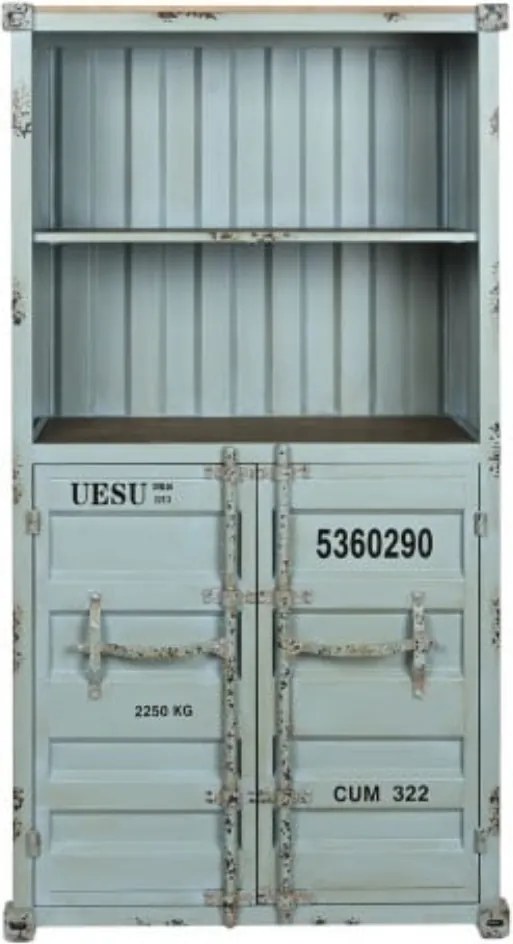 Bufet vintage, stil industrial, din metal, turcoaz, cu 2 uși și rafturi deschise, decor de container, finisaj antichizat, 168,5 x 87 x 44 cm, „Cargo”