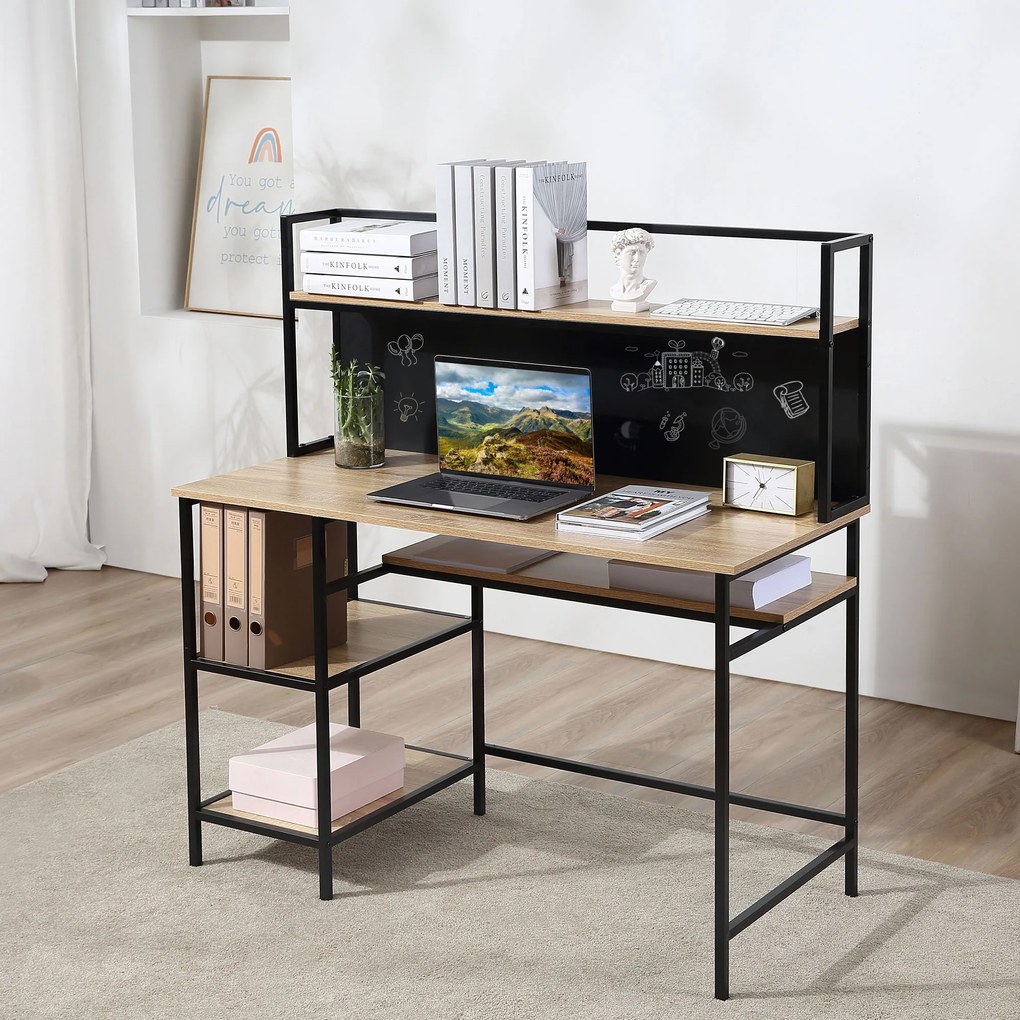 HOMCOM Birou cu depozitare birou informatic cu 4 rafturi, blat mare și panou negru pentru sufragerie cameră 120L x 53l x 126Î cm, stejar și negru | Aosom Romania