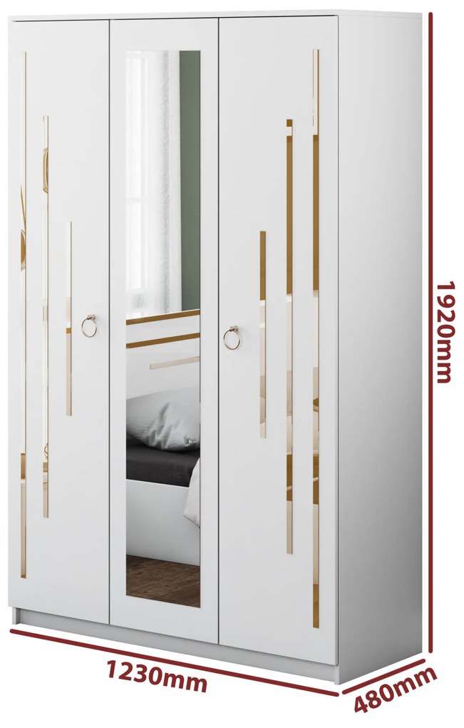 Dormitor Gold, culoare alb / auriu, pat standard 160x200 cm, dulap 123 cm, comoda si 2 noptiere