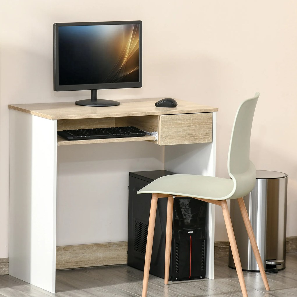 HOMCOM Birou pentru Dormitor, PC din Lemn, Blat Tastatură, Design Compact, Alb și Stejar, Ideal pentru Spații Mici | Aosom Romania