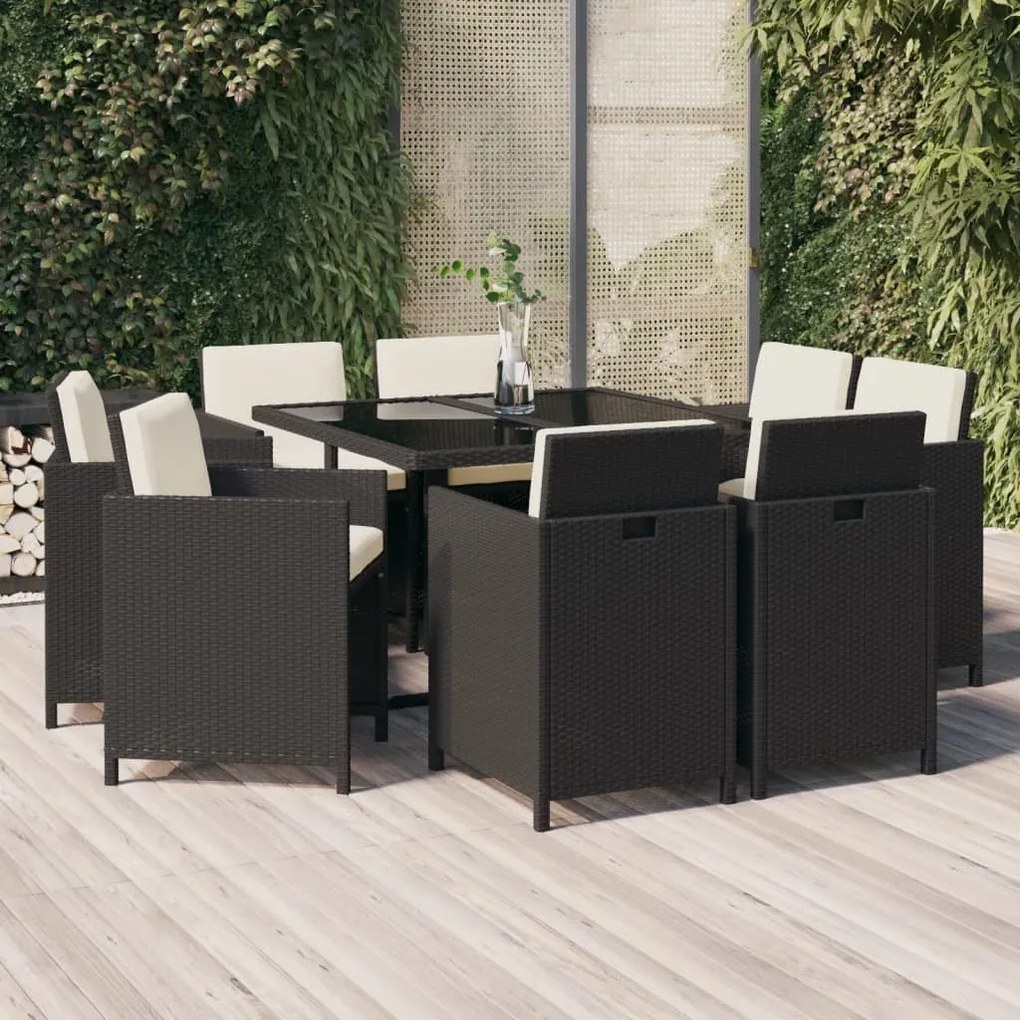 Set mobilier de gradina cu perne, 9 piese, negru, poliratan