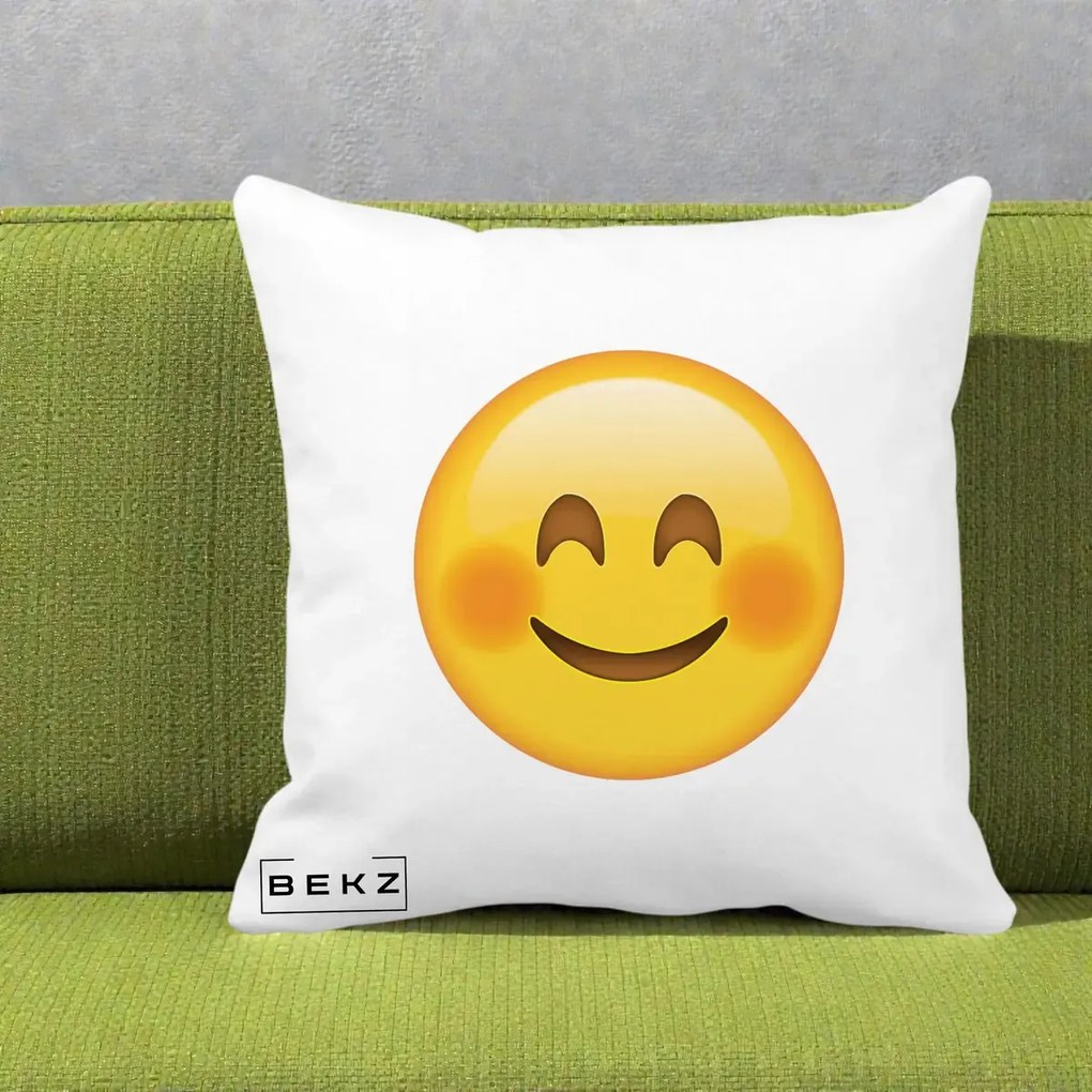 Perna Decorativa Emoji Fericit Roscat, 40x40 cm, Alba Mata, Husa Detasabila, Perna Inclusa, BEKZ®