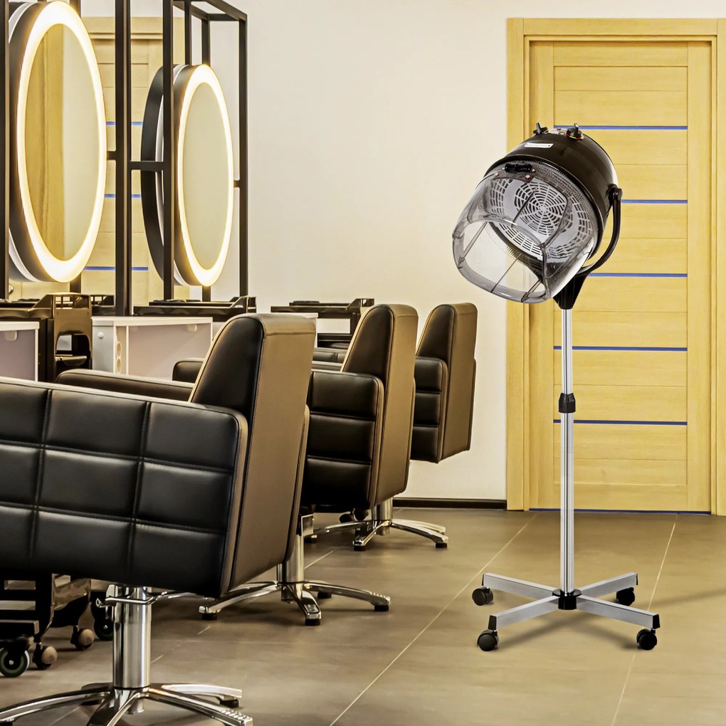 HOMCOM Cască de Uscat Părul cu Înălțime Reglabilă, Cască pentru Păr cu Timer și Roți Pivotante, 65x65x115-165 cm, Negru | Aosom Romania