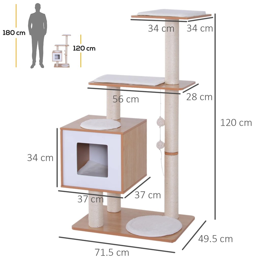 PawHut Ansamblu pentru Pisici cu Stâlp din Sisal, Cușcă cu Platforme și Zone de Joacă, Dimensiuni 66x47x120cm, Lemn Alb | Aosom Romania