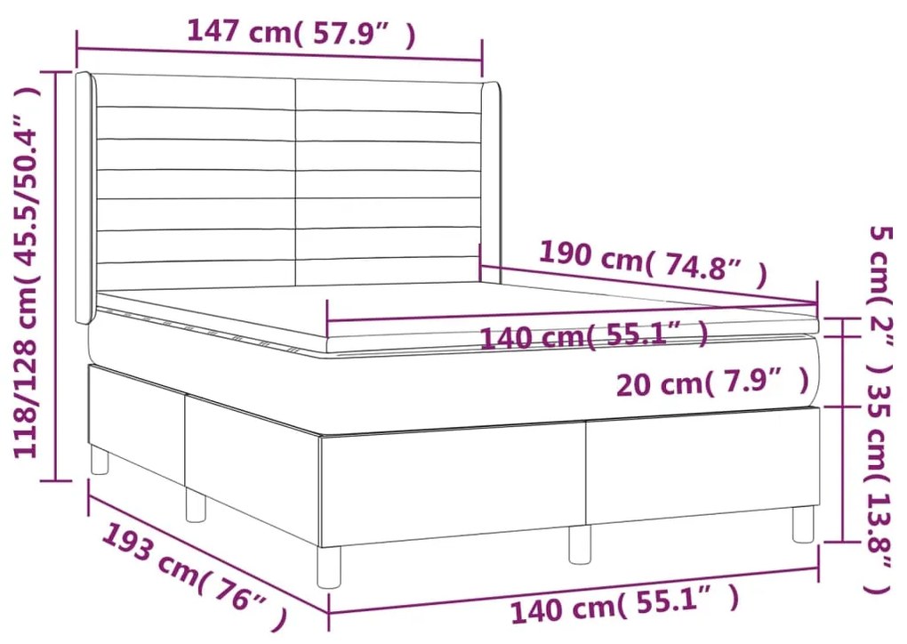 Pat cu arcuri, cu saltea si LED, roz, 140x190 cm catifea Roz, 140 x 190 cm, Benzi orizontale