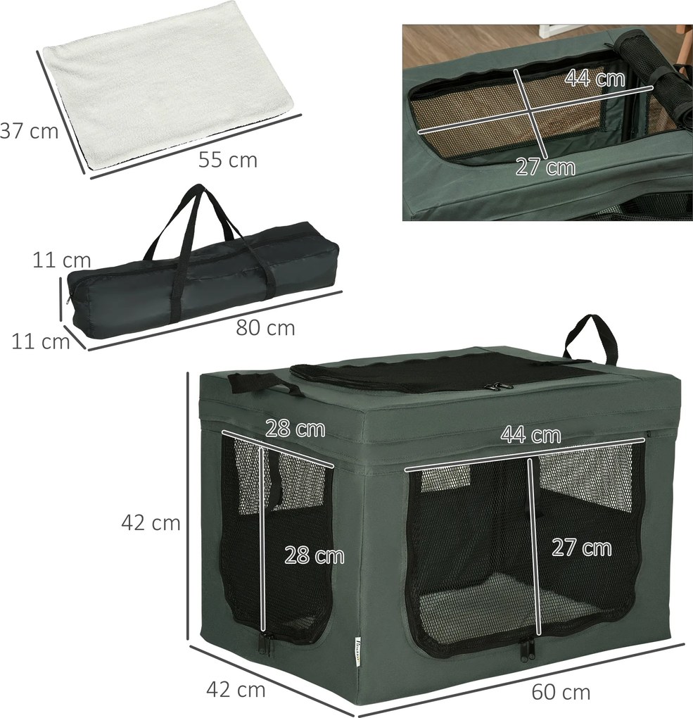 PawHut Geantă de Transport Moale pentru Câini Mini și Pisici, Cușcă de Călătorie cu Pernă Detașabilă, Geantă de Transport și Uși Din Plasă Respirabilă, 60x42x42 cm, Gri | Aosom Romania
