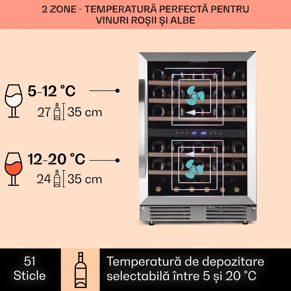 Klarstein Vinovilla 50 Duo, Frigider pentru vinuri cu două zone, 53l, 17 fl., ușă din sticlă în 3 culori