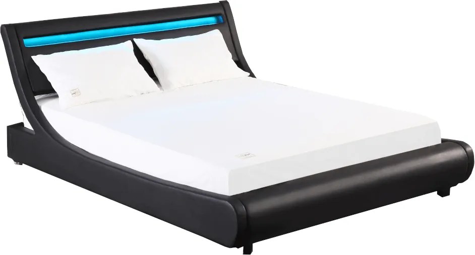 Pat matrimonial cu iluminare RGB LED, negru, 180x200, FELINA