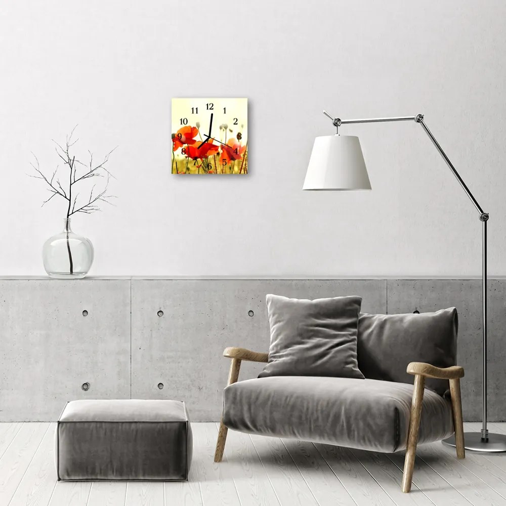 Ceas de perete din sticla pătrat Maci Flori &amp; Plante Red
