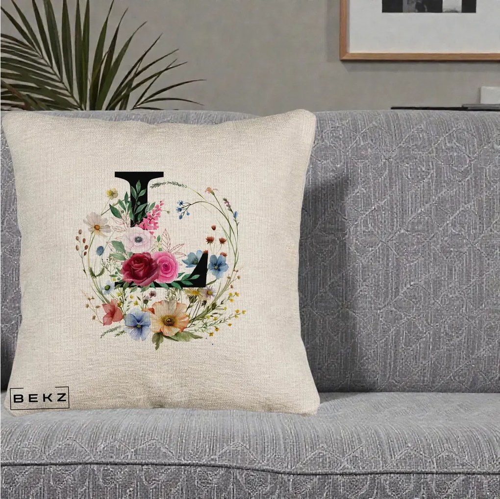 Cadou Personalizat - Perna Personalizata Monogram Litera L cu Flori Acuarela, 40x40 cm, Bej Canapea, Husa Detasabila, Perna Inclusa, BEKZ®