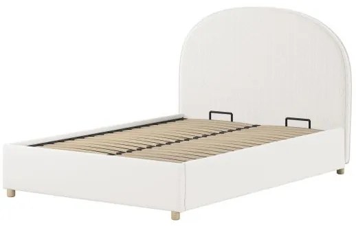 Set MOON: pat tapițat pentru copii 90 x 200 cm, alb, cu țesătură bouclé și spațiu de depozitare + taburet alb multifuncțional – Vipack