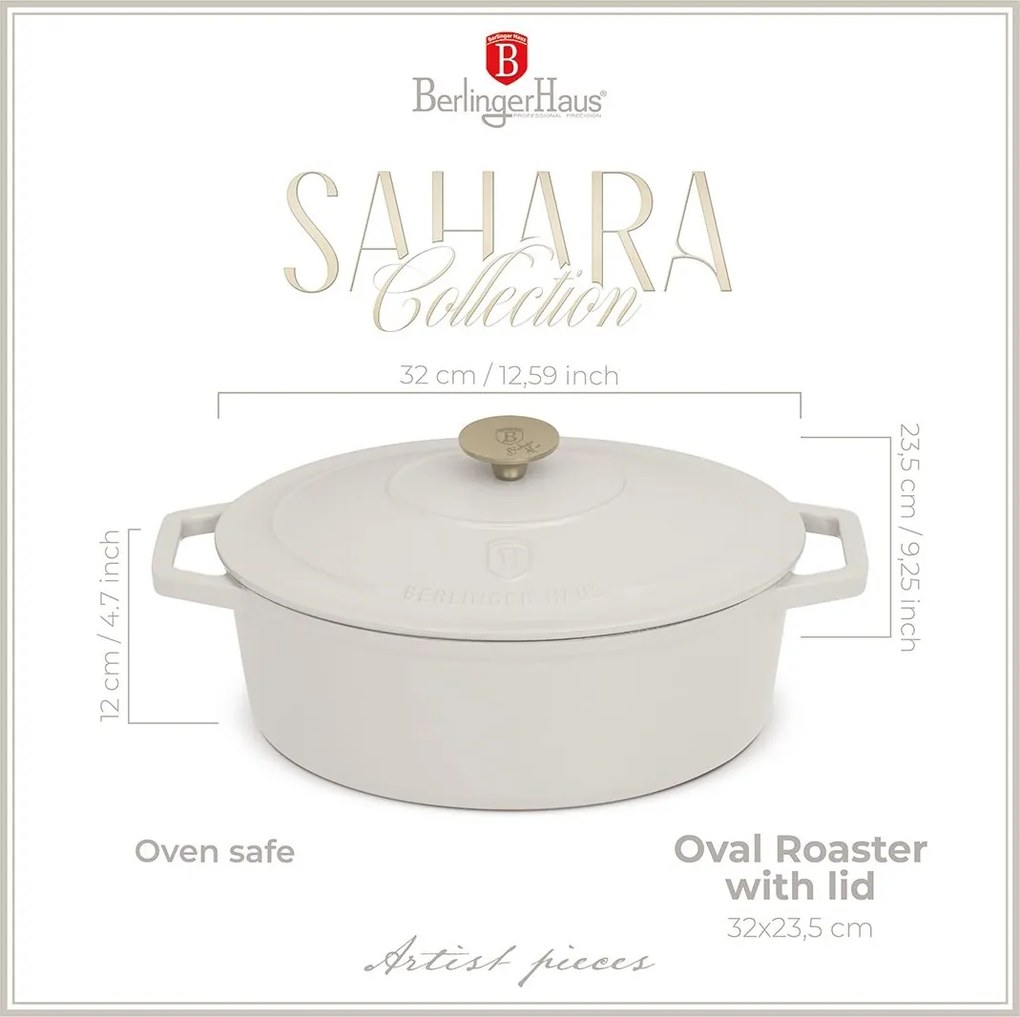 Oală fontă ovală 32 cm Sahara Berlinger Haus BH 8967, emailată, cu capac