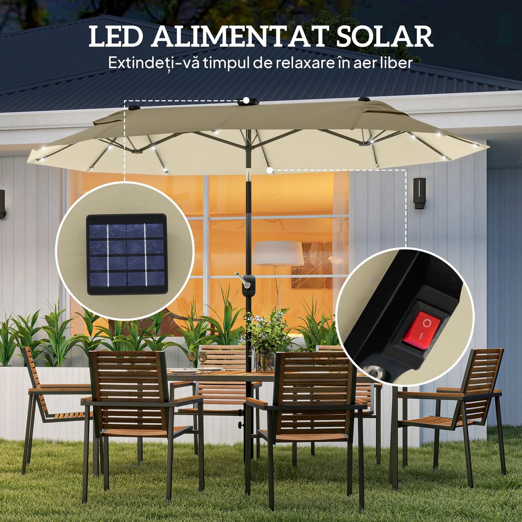 Outsunny Umbrelă Dublă Înclinabilă cu Manivelă, Lumini LED, Bază în Cruce şi Orificii de Ventilaţie, 295x150 cm, Alb Crem | Aosom Romania