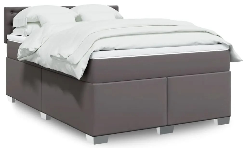 vidaXL Pat box spring cu saltea, gri, 140x200 cm, piele ecologică