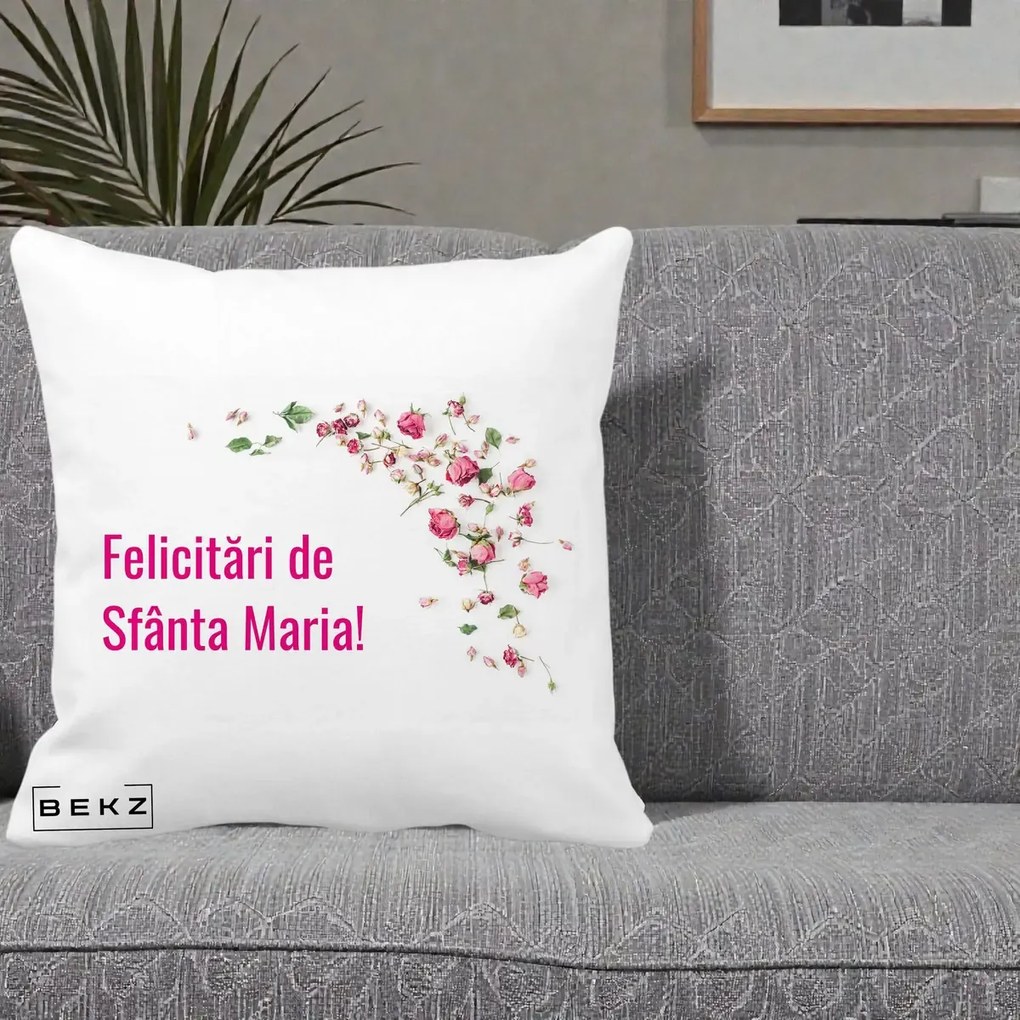 Cadou de Onomastica - Perna Personalizata Felicitari de Sfanta Maria, 40x40 cm, Alba Mata, Husa Detasabila, Perna Inclusa, BEKZ®