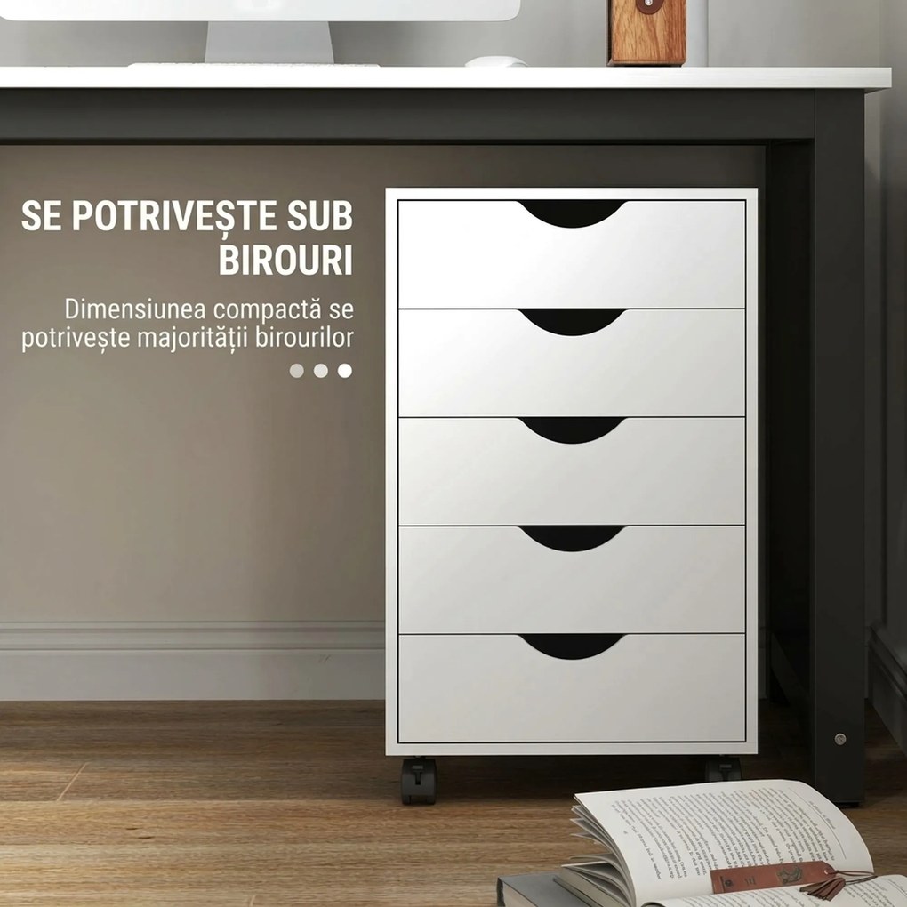 HOMCOM Dulap de birou cu 5 sertare și roți pivotante cu frâne, 40x40x67 cm, alb | Aosom Romania