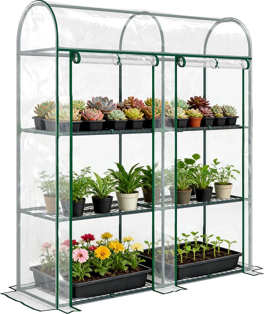 Outsunny Seră mică cu 3 nivele 2 uși rulante cadru din oțel husă din plastic 143x46x164 cm transparentă | Aosom Romania