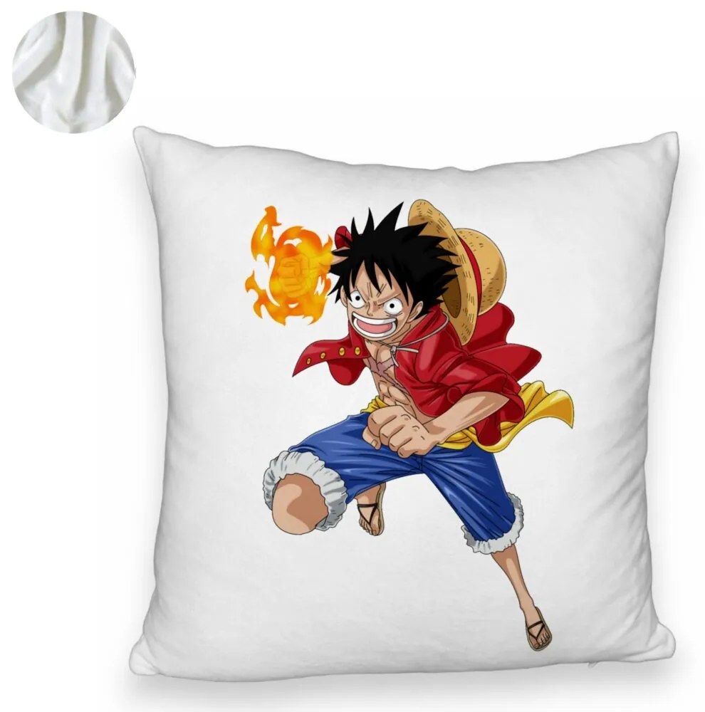 Perna Decorativa Fluffy cu One Piece Luffy, 40x40 cm, Alba, Husa Detasabila, Burduf