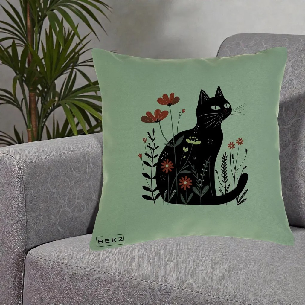 Perna Decorativa Pisica Neagra Flori Rosii Folk, 40x40 cm, Verde, Husa Detasabila, Perna Inclusa, BEKZ®