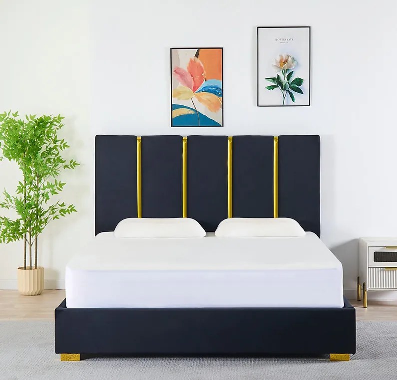Pat Tapitat Catifea Negru 160x200 cm cu Somiera si Saltea  Inclusa ,   Cod LB-214