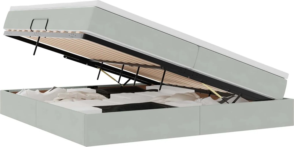 vidaXL Pat cu saltea și spațiu de depozitare Gri deschis 200 x 200 cm