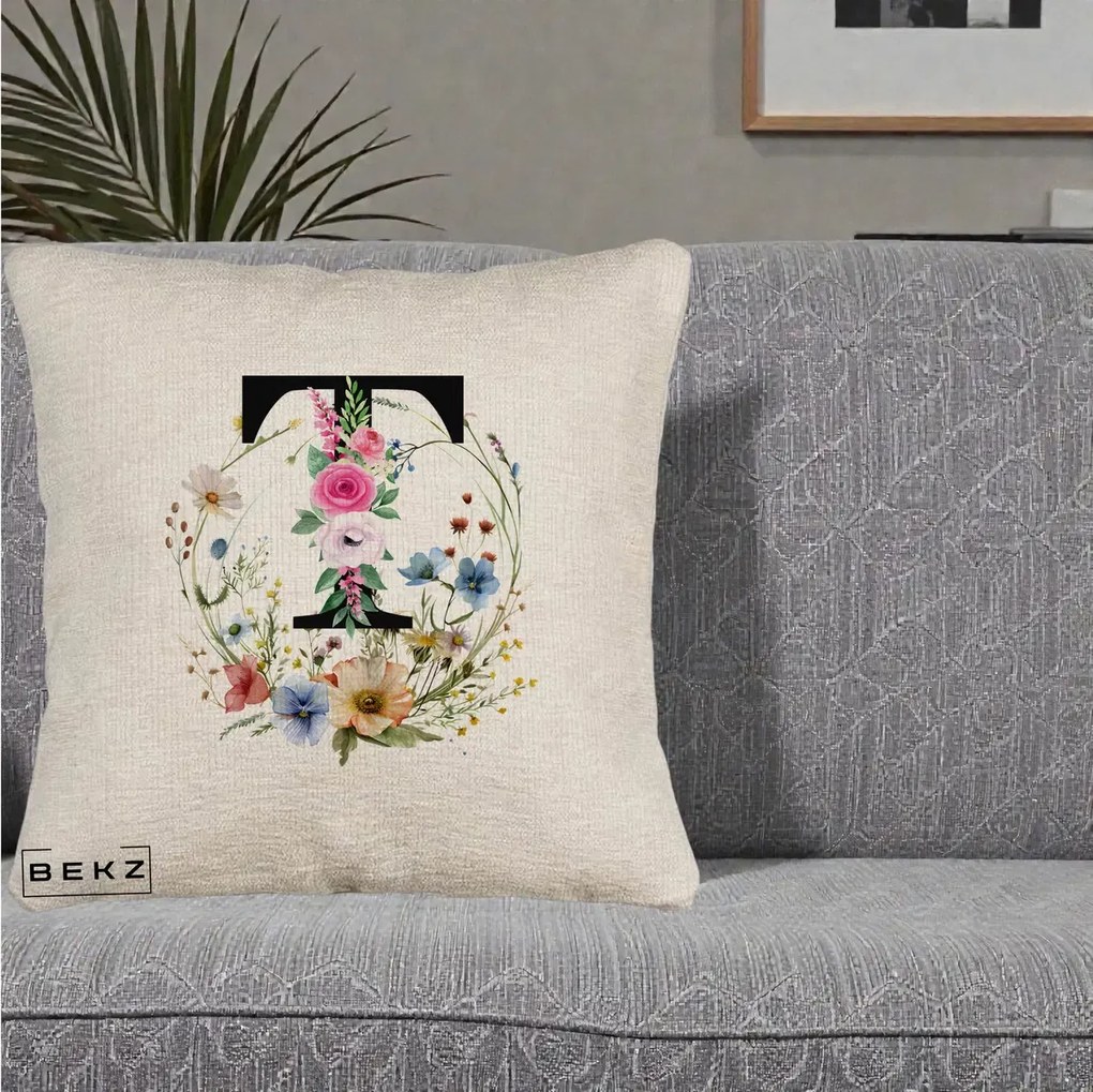 Cadou Personalizat - Perna Personalizata Monogram Litera T cu Flori Acuarela, 40x40 cm, Bej Canapea, Husa Detasabila, Perna Inclusa, BEKZ®