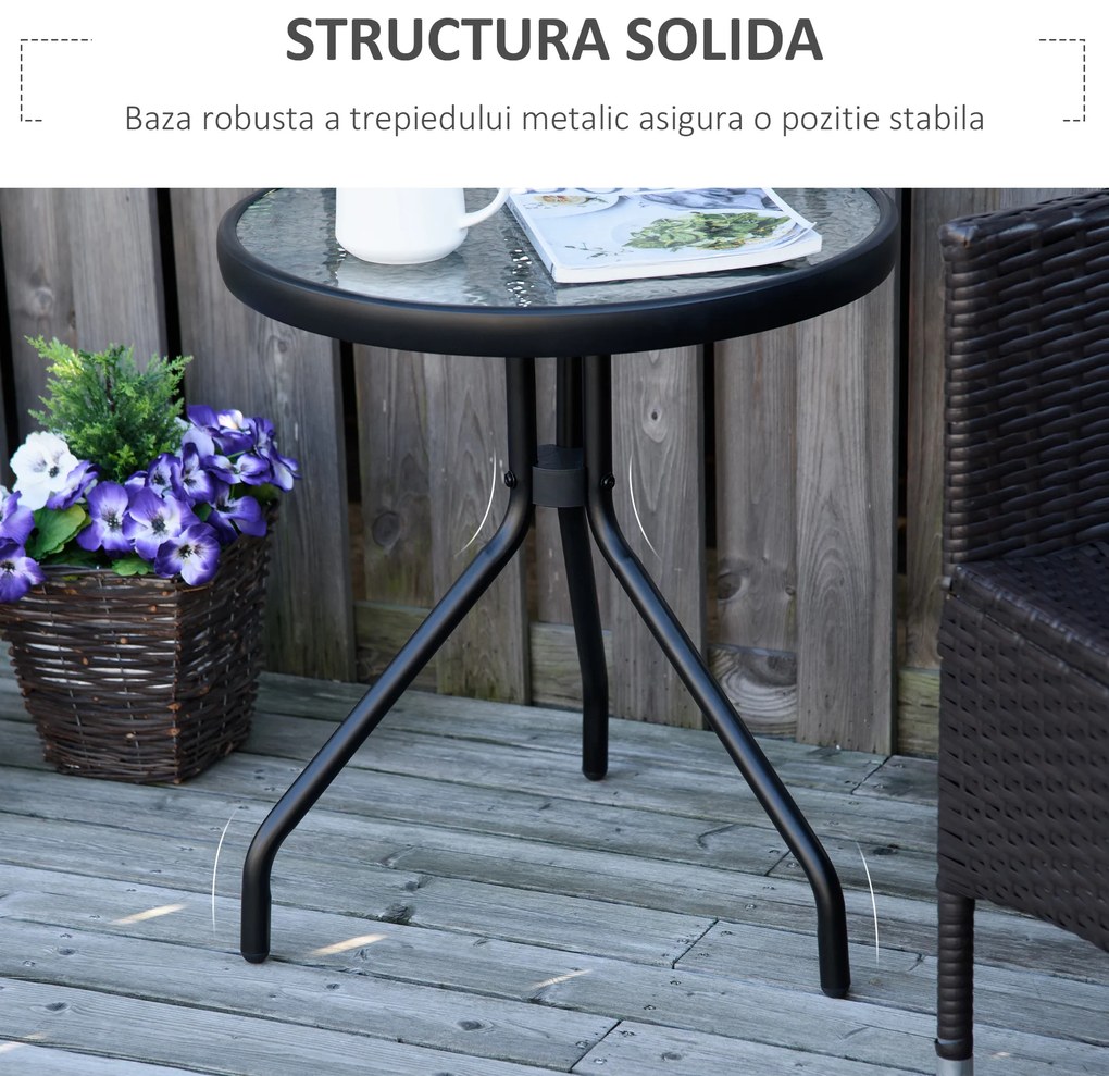 Masuta de Gradina Rotunda Outsunny cu Etajera din Sticla Φ50x55cm, Negru