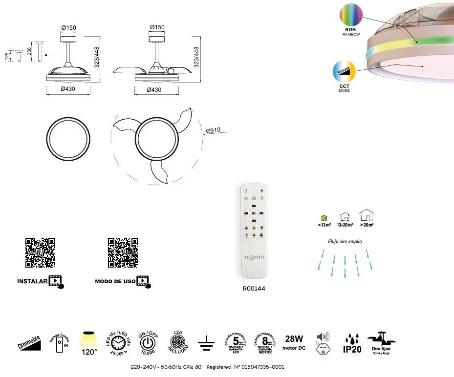 Lustra LED RGB CCT cu ventilator si telecomanda NORTH alb MA-8729