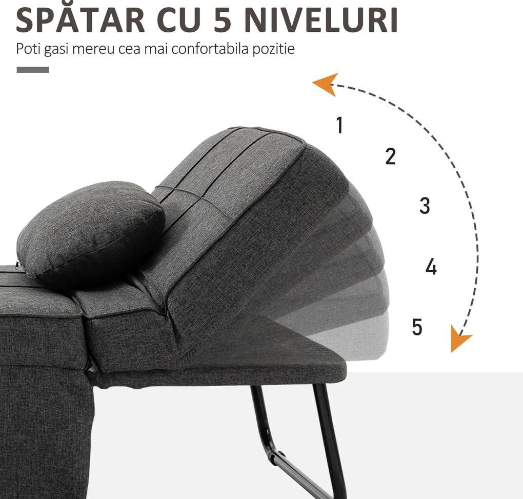 HOMCOM Canapea extensibilă cu Spătar Reglabil pe 5 Nivele și Pernă Suplimentară, 95x179x78 cm, Gri | Aosom Romania