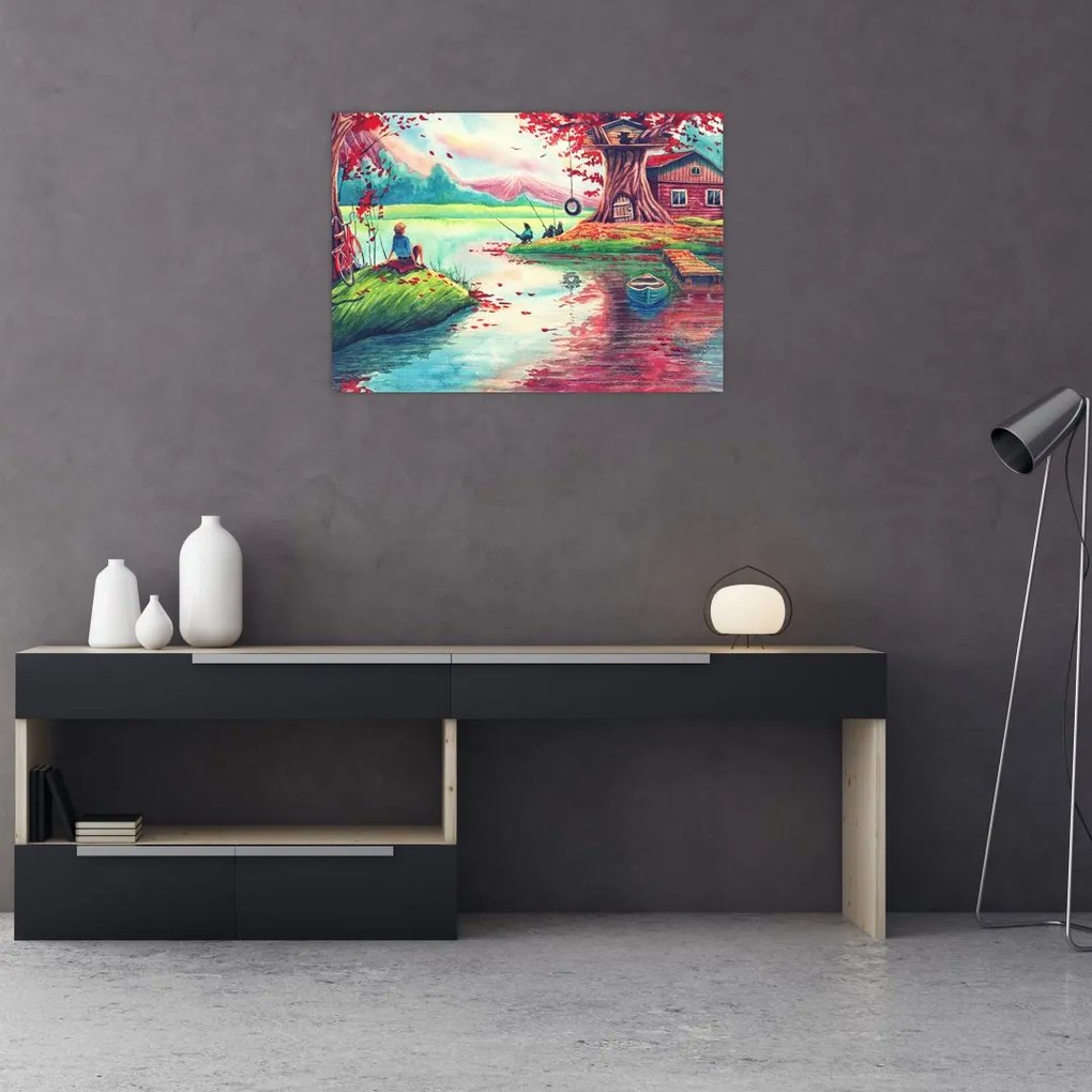 Tablou pe sticlă - Acuarelă, Golf într-un sat de munte (70x50 cm)