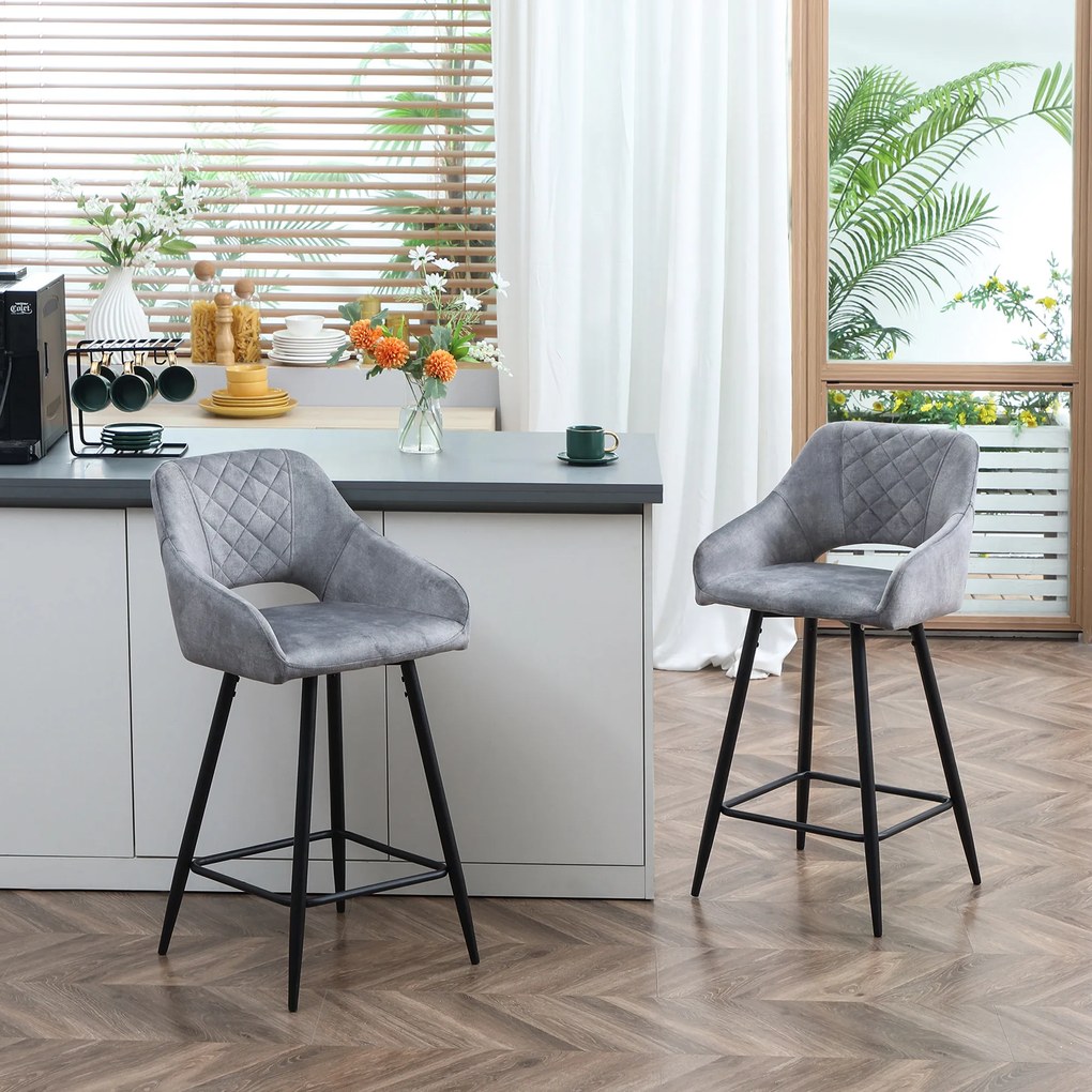 HOMCOM Set de 2 scaune de bar inalte efect de catifea si otel negru cu suport pentru picioare, accesorii pentru brate inaltime 67 cm gri | Aosom Romania