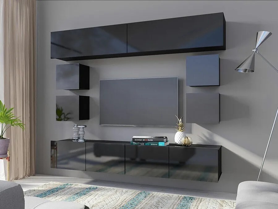 Camera de zi Providence B132Negru lucios, Negru, Părți separate, Cu comodă tv, Cu componente suplimentare, PAL laminat, 210x43cm, 81 kg