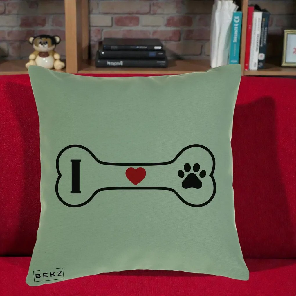 Perna Personalizata I Love Dog Os si Labuta, 40x40 cm, Verde, Husa Detasabila, Perna Inclusa, BEKZ®