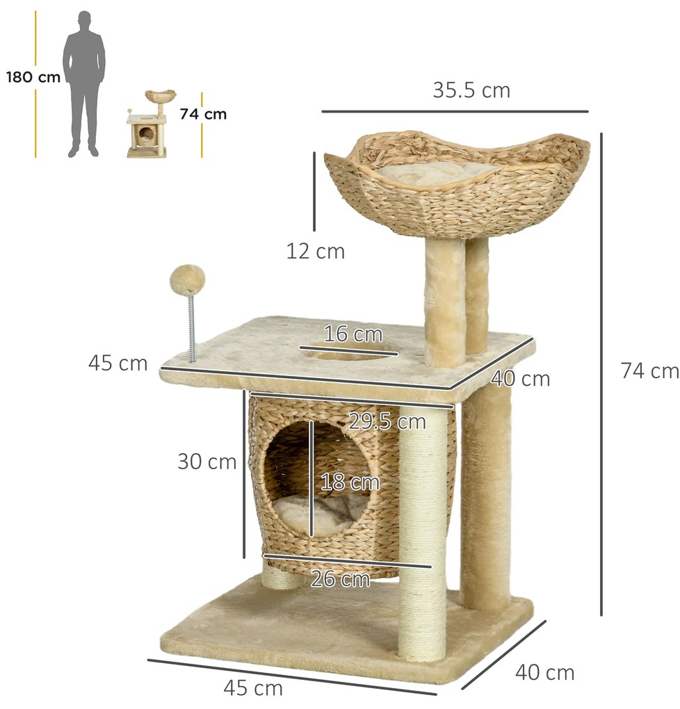 PawHut Arbore de pisici cu zgârdaioare din sisal natural, 1 cuib, coș, măciucă, plus jacinthe d'eau 45 x 40 x 74 cm bej | Aosom Romania