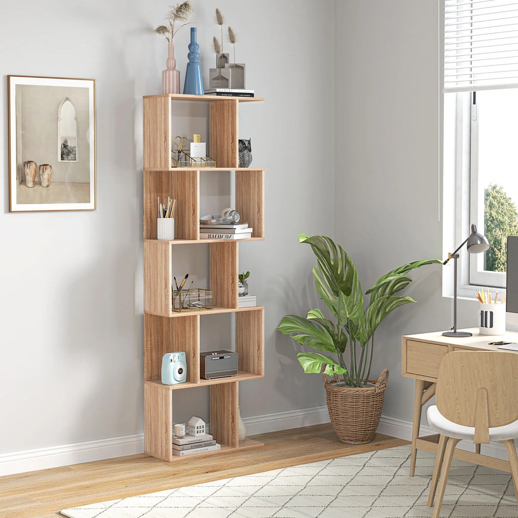 HOMCOM Bibliotecă cu 5 Rafturi Separate cu Spațiu de Economisire în Formă de S din Lemn, 60x24x184,5 cm, Lemn Natural | Aosom Romania