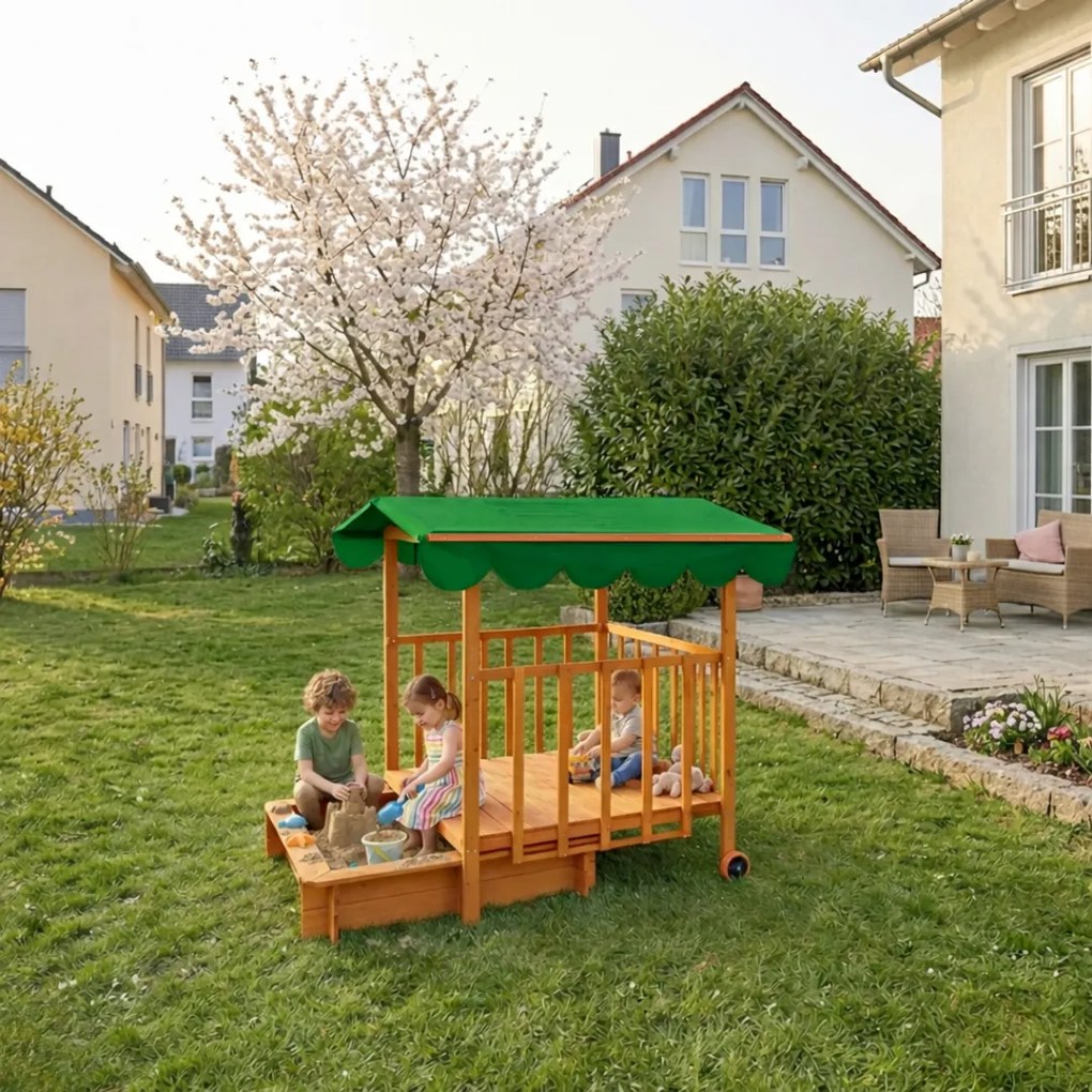 Groapa cu nisip cu verandă HAPPY, 130x130x143cm, maro/verde Jurhan