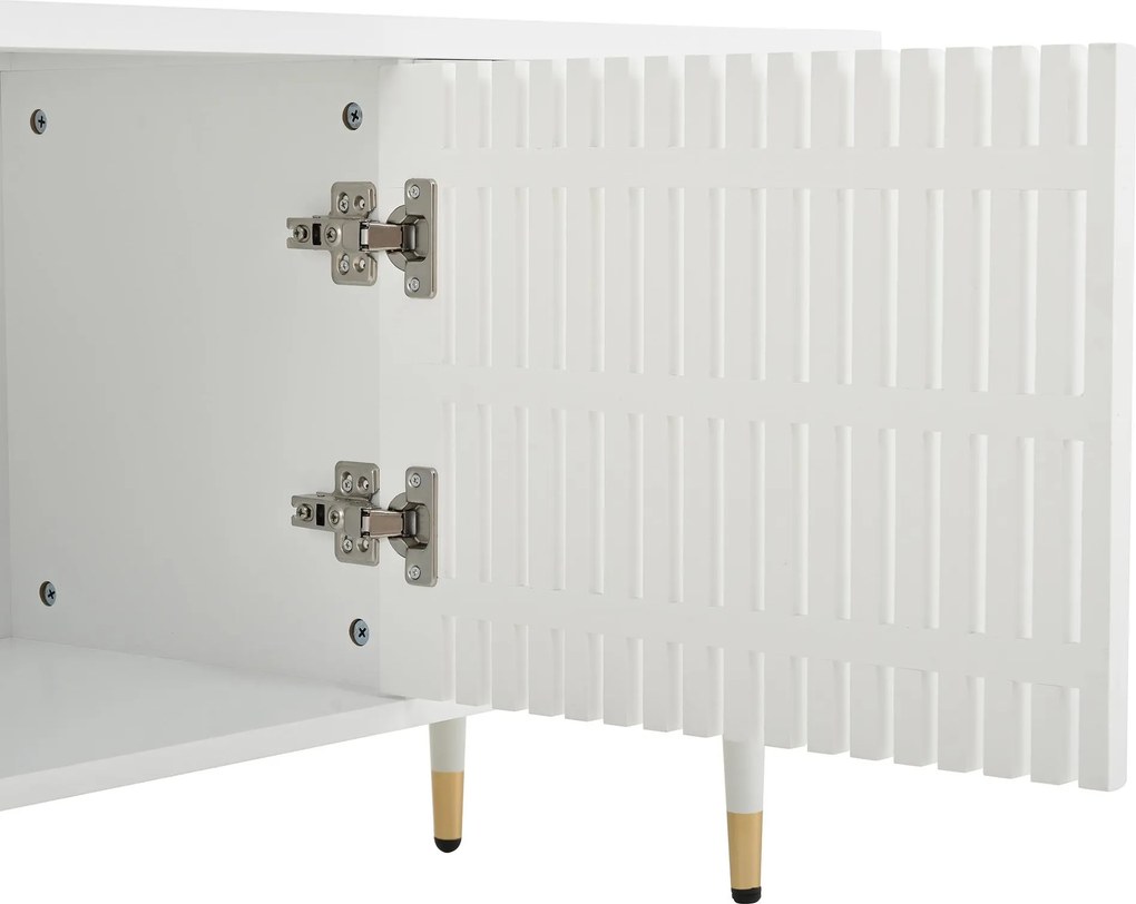 Comodă TV cu front din plasă metalică și accente aurii, 4 uși, 170x36x54 cm, Alb
