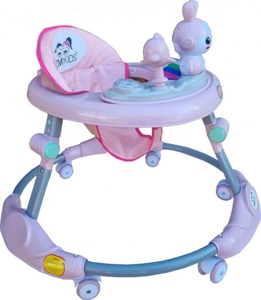 Premergator reglabil in 6 trepte de inaltime NOVOKIDS™ Happy Bunny, Cu melodii si lumini, Pliabil, Max 20 kg, Roti silentioase, Model Iepuras, Roz