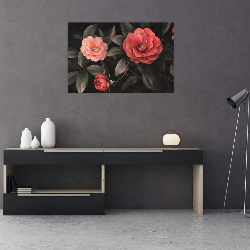 Tablou - Flori roșii pe fundal întunecat (90x60 cm)