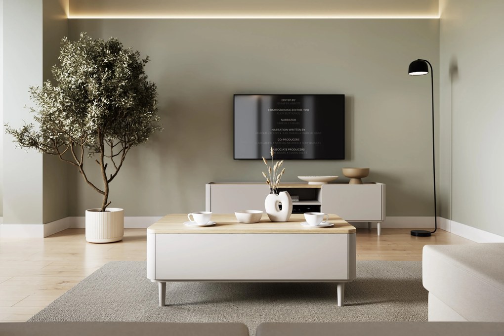 Masă de cafea Amilio 100 cm cu sertare - cașmir / stejar uleiat