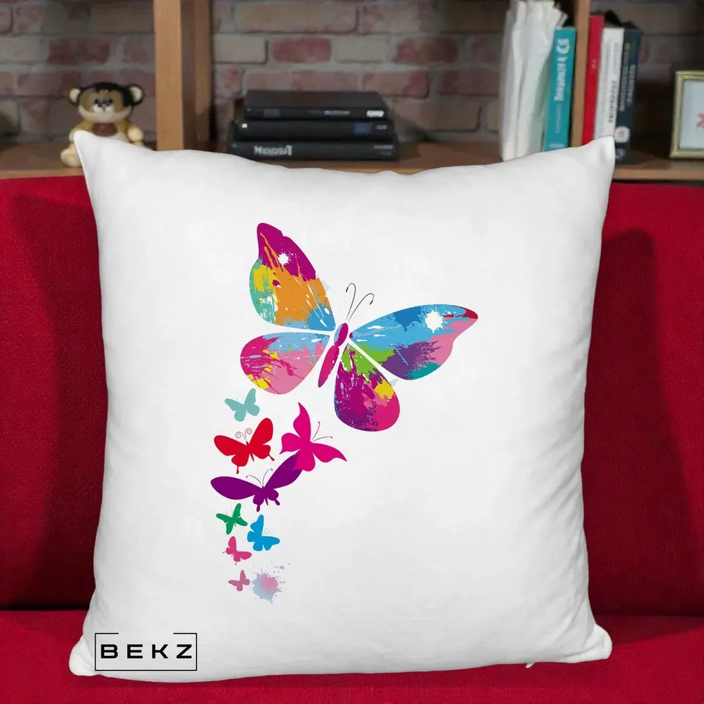 Perna Decorativa Fluturi Splash, 40x40 cm, Alb Pufos, Husa Detasabila, Perna Inclusa, BEKZ®