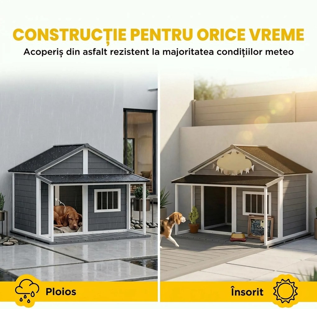 PawHut Casuță din Lemn de Exterior pentru Câini, Cușcă pentru Câini cu Terasă, Fereastră și Acoperiș Impermeabil, 124x112x105 cm, Gri | Aosom Romania