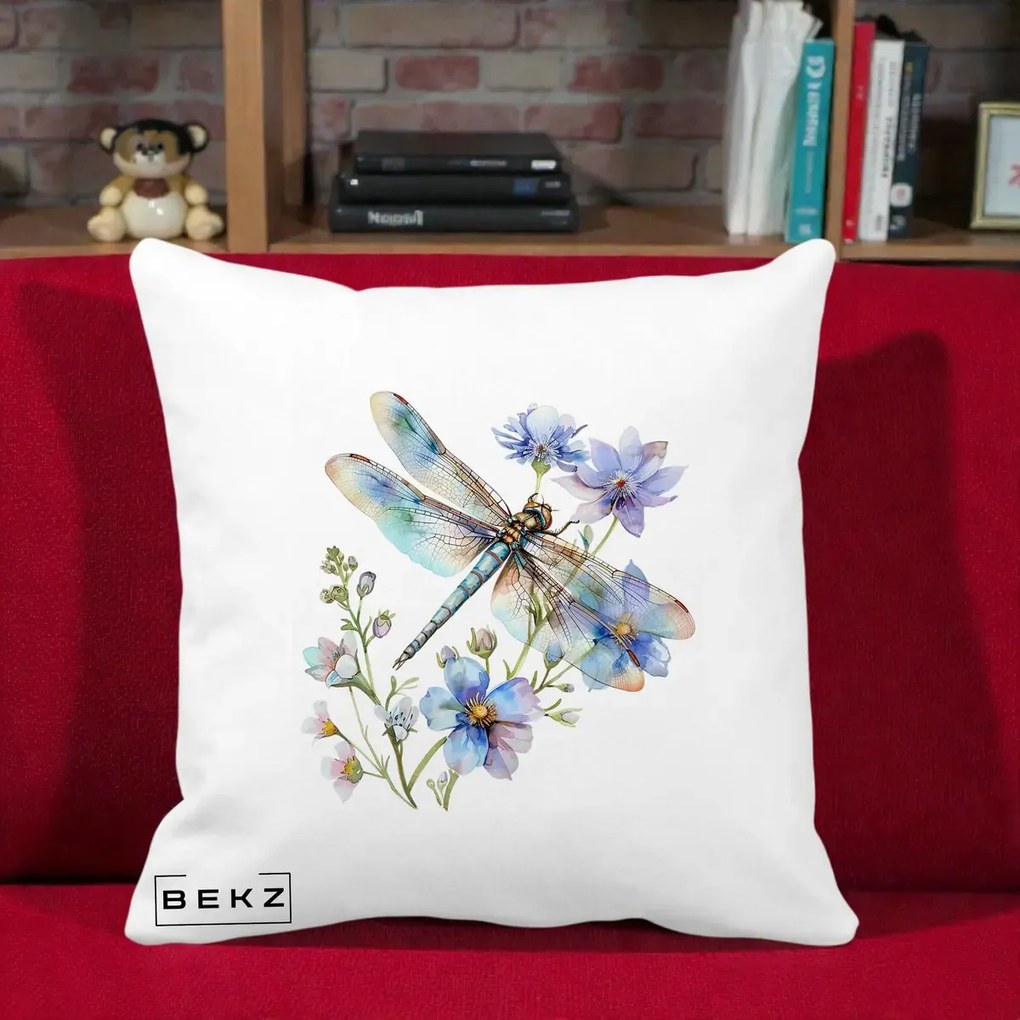 Perna Decorativa Libelula Acuarela Flori Albastre, 40x40 cm, Alba Mata, Husa Detasabila, Perna Inclusa, BEKZ®