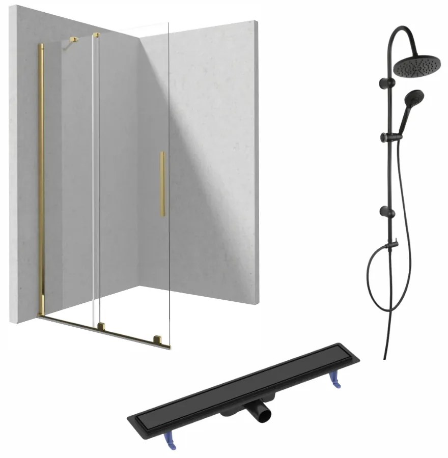 Set paravan dus walk-in cu usa glisanta, 100x195 cm, auriu lucios, Deante Prizma, rigola cu capac faiantabil reversibil plus coloana de dus neagra