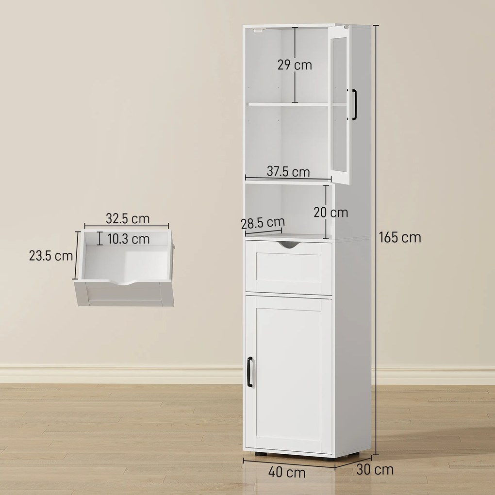 HOMCOM Mobilier de Baie Slim cu Dulapuri și Ușă din Sticlă, Mobilier Economizitor de Spațiu cu Raft Deschis, Sertar și Rafturi Ajustabile, Coloană Modernă, 40x30x165 cm, Alb | Aosom Romania
