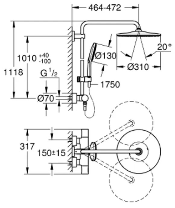 Set de dus 310 cu termostat, 9,5 l min, 3 jeturi, crom
