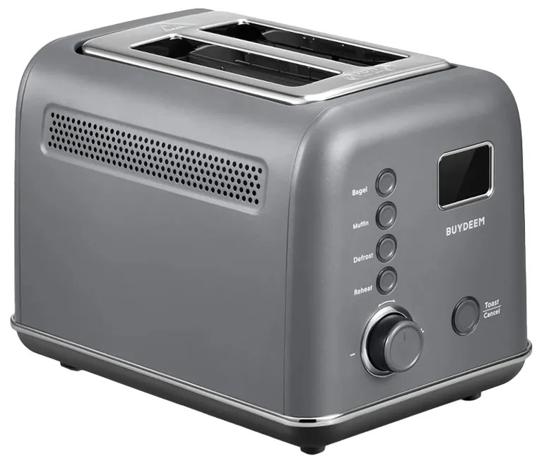 Prajitor de paine BUYDEEM DT730E, 900W, 2 felii, 9 programe automate, 9 trepte de prajire, Carcasa din otel inoxidabil, Afisaj LCD, Indicatori LED, Auto-centrare, Timer, Gri